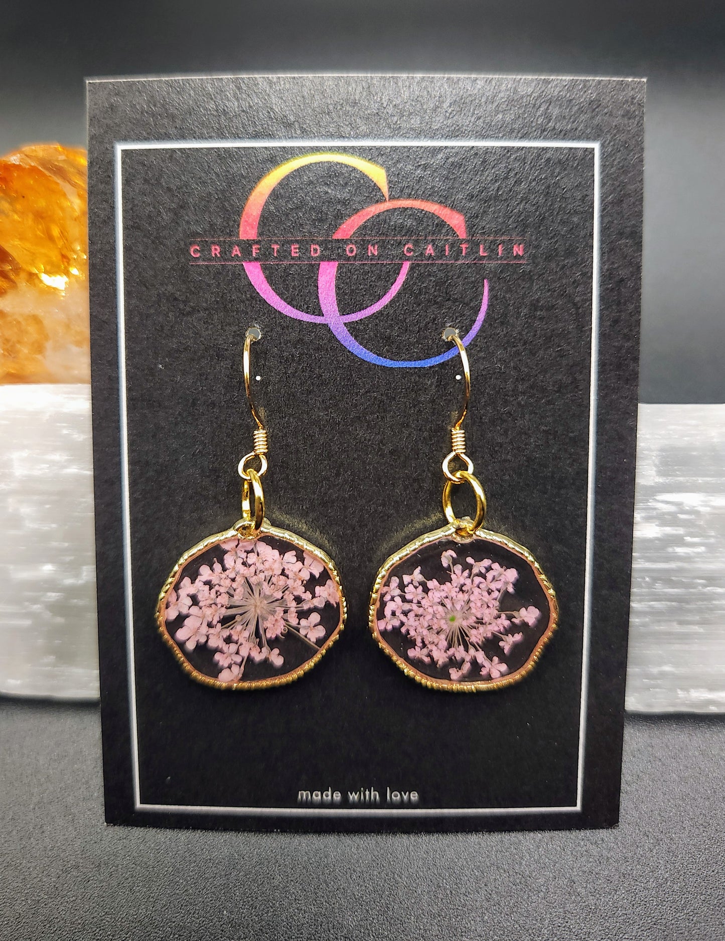 Small Pink Queen Anne's Lace Bezel Dangles