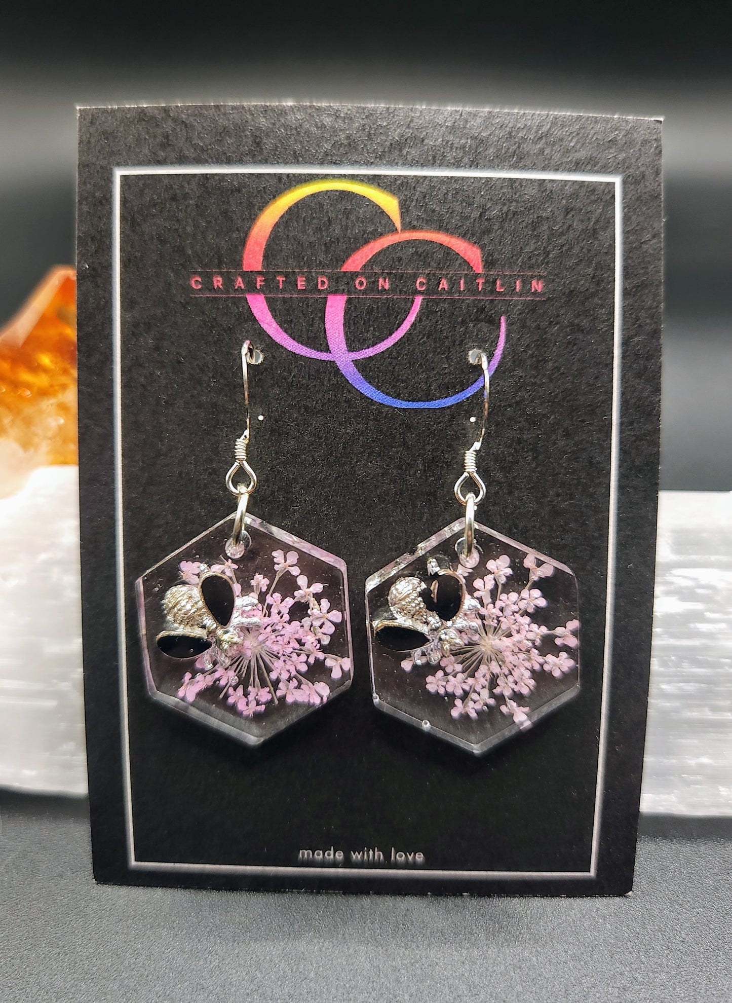 Pink Queen Anne's Lace & Bee Hex Dangles