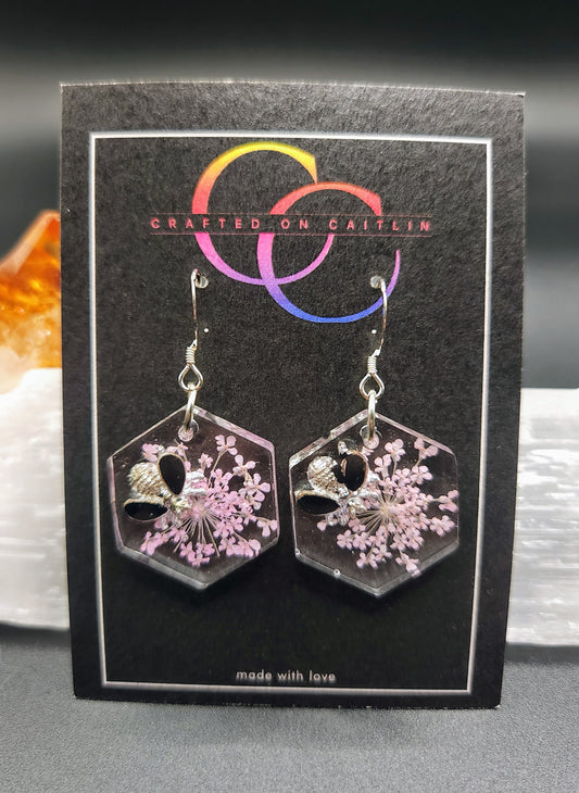 Pink Queen Anne's Lace & Bee Hex Dangles