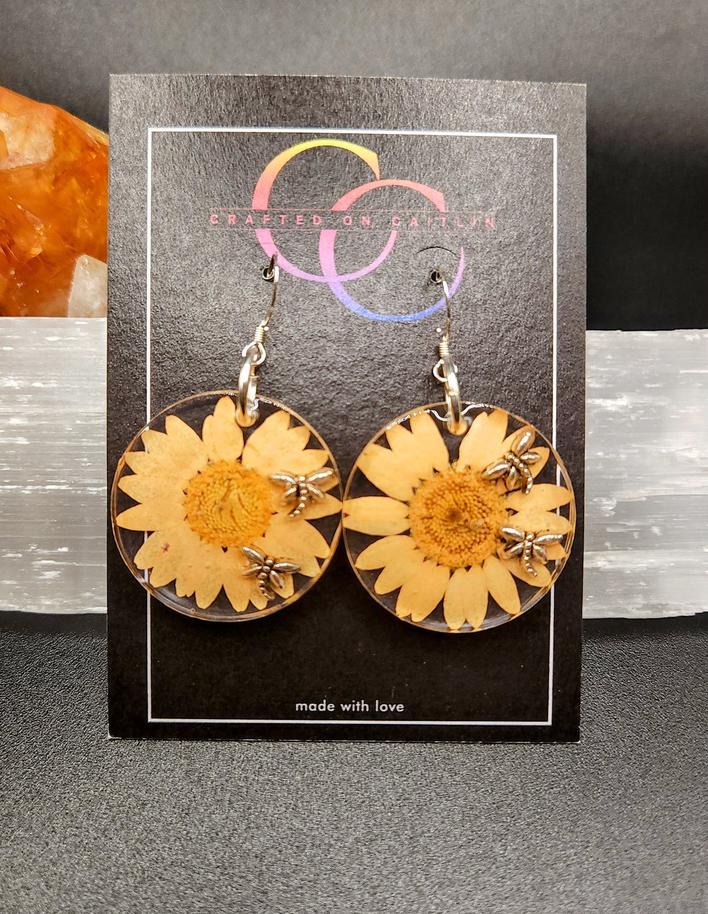 Warm Yellow Daisy & Dragonfly Dangles