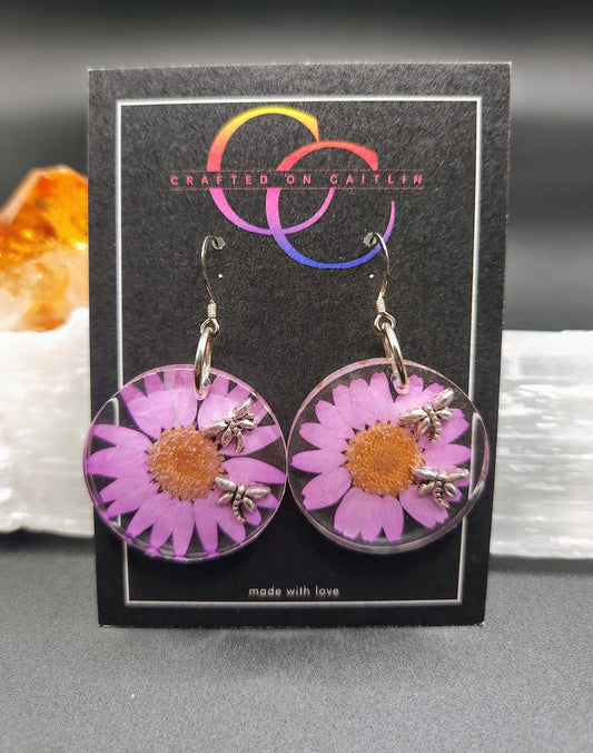 Pink Daisy & Dragonfly Dangles