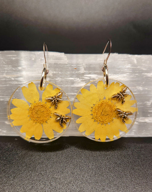 Yellow Daisy & Dragonfly Dangles