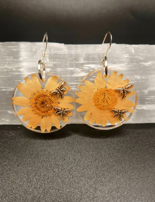 Warm Yellow Daisy & Dragonfly Dangles