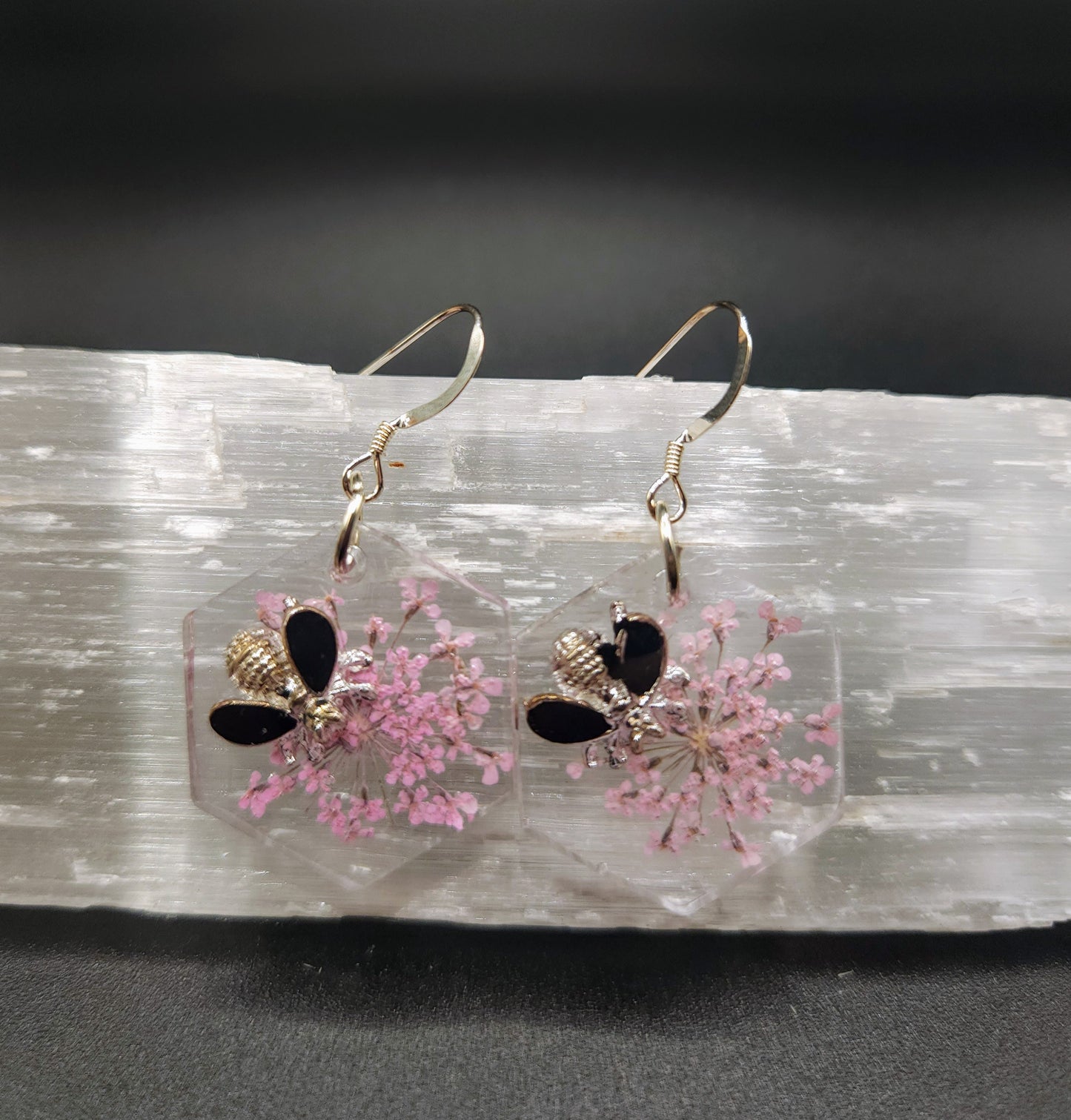 Pink Queen Anne's Lace & Bee Hex Dangles
