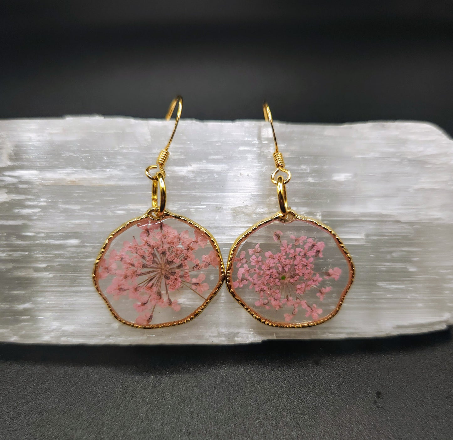 Small Pink Queen Anne's Lace Bezel Dangles